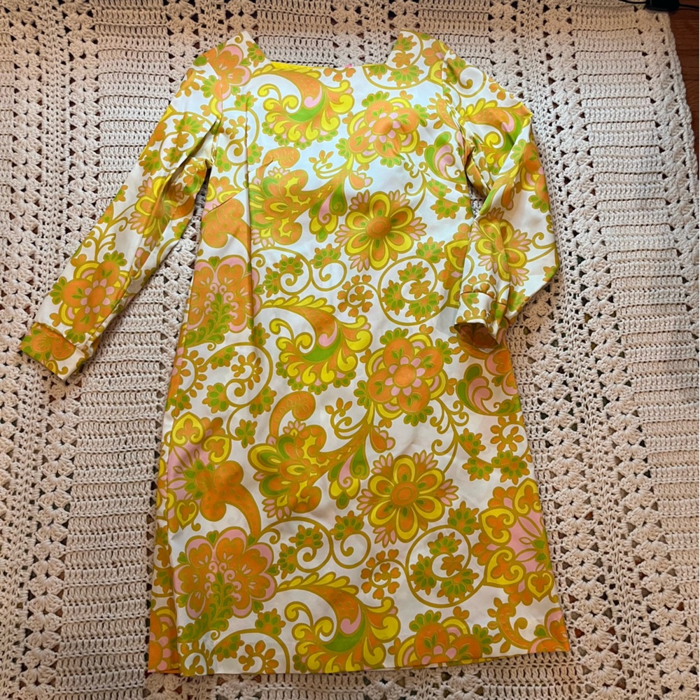 Vintage Mod Pink/Yellow/Orange Floral Long Sleeve Back Bow Dress Vintage size 16
